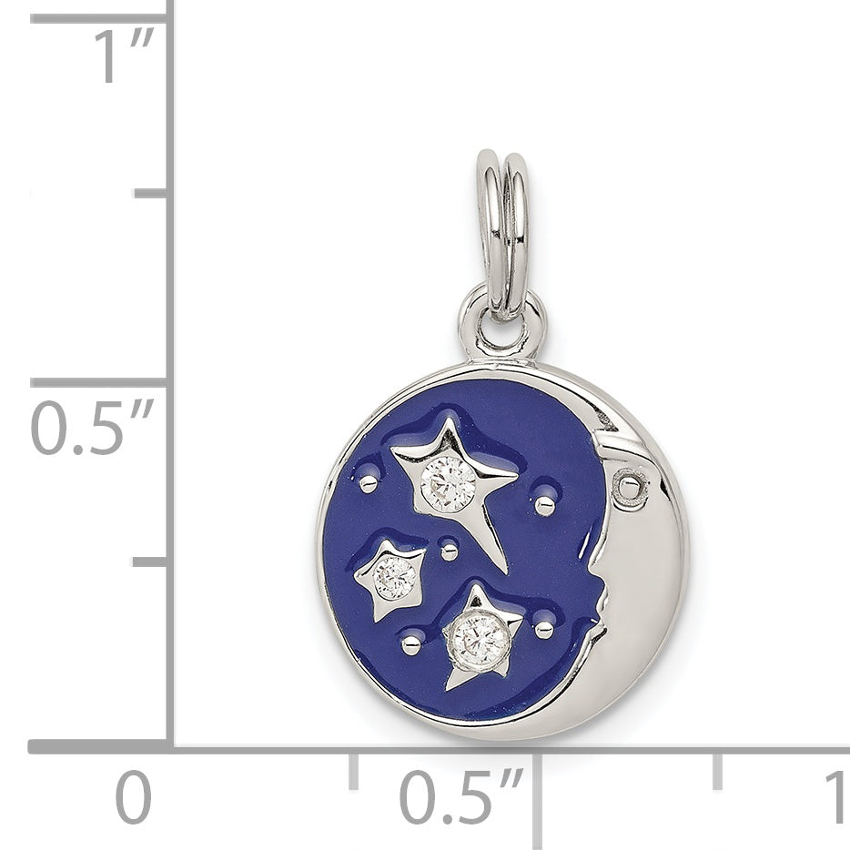 Sterling Silver Rhodium-plated Enameled and CZ Moon and Star Charm
