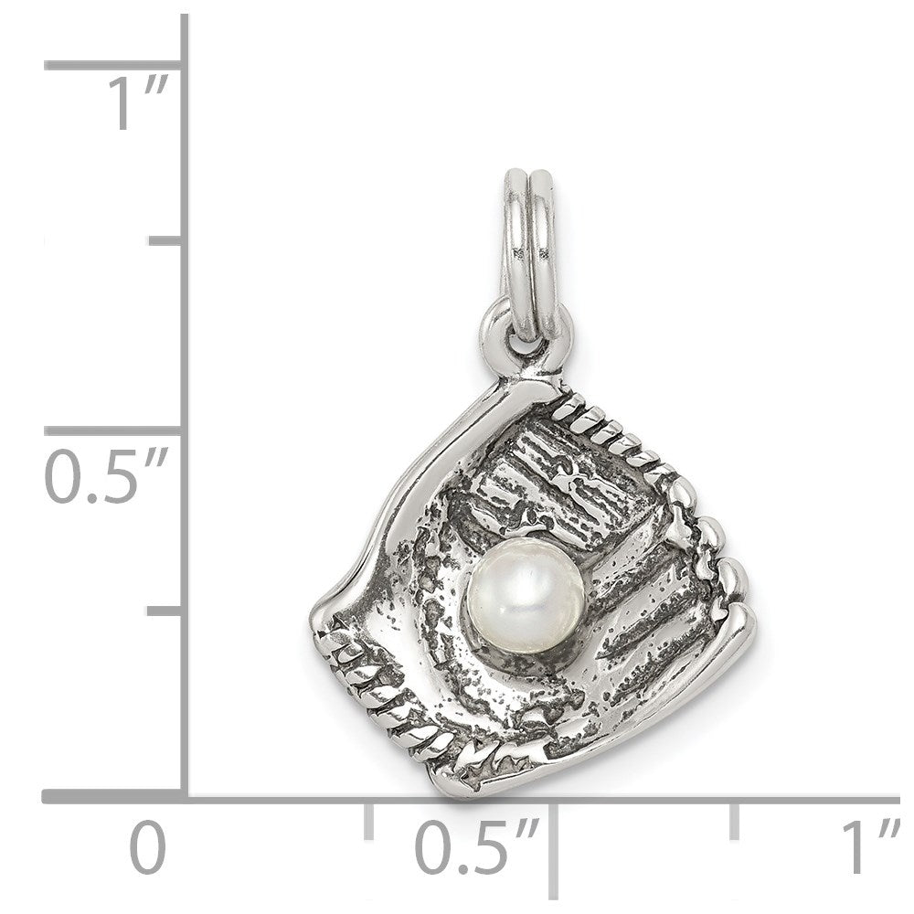 Sterling Silver Antiqued Baseball Glove w/Simulated Pearl Charm