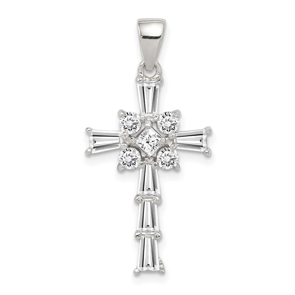 Sterling Silver Rhodium Plated CZ Latin Cross Pendant