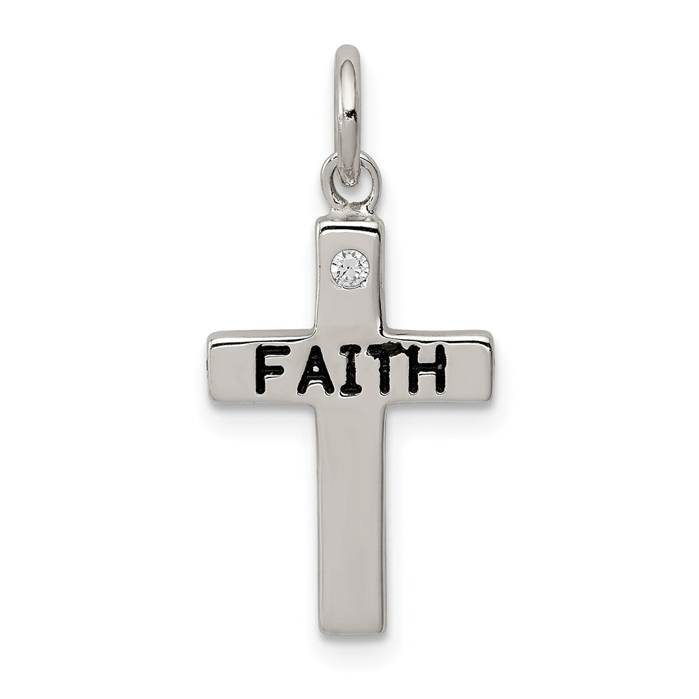 Sterling Silver Rhodium-plated Black Ink FAITH and CZ Antiqued Cross Charm