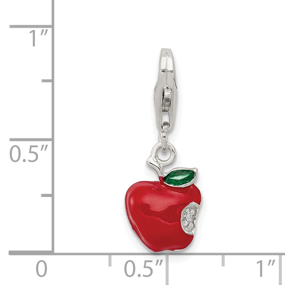 Sterling Silver Rhodium-plated CZ and Red Enameled Apple Charm
