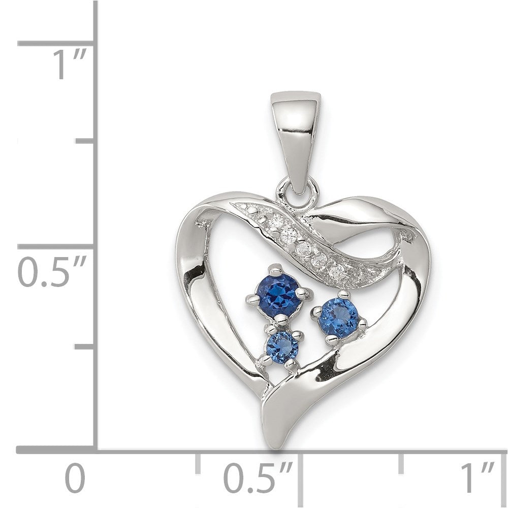 Sterling Silver Rhodium-plated Blue Glass and Clear CZ Heart Pendant