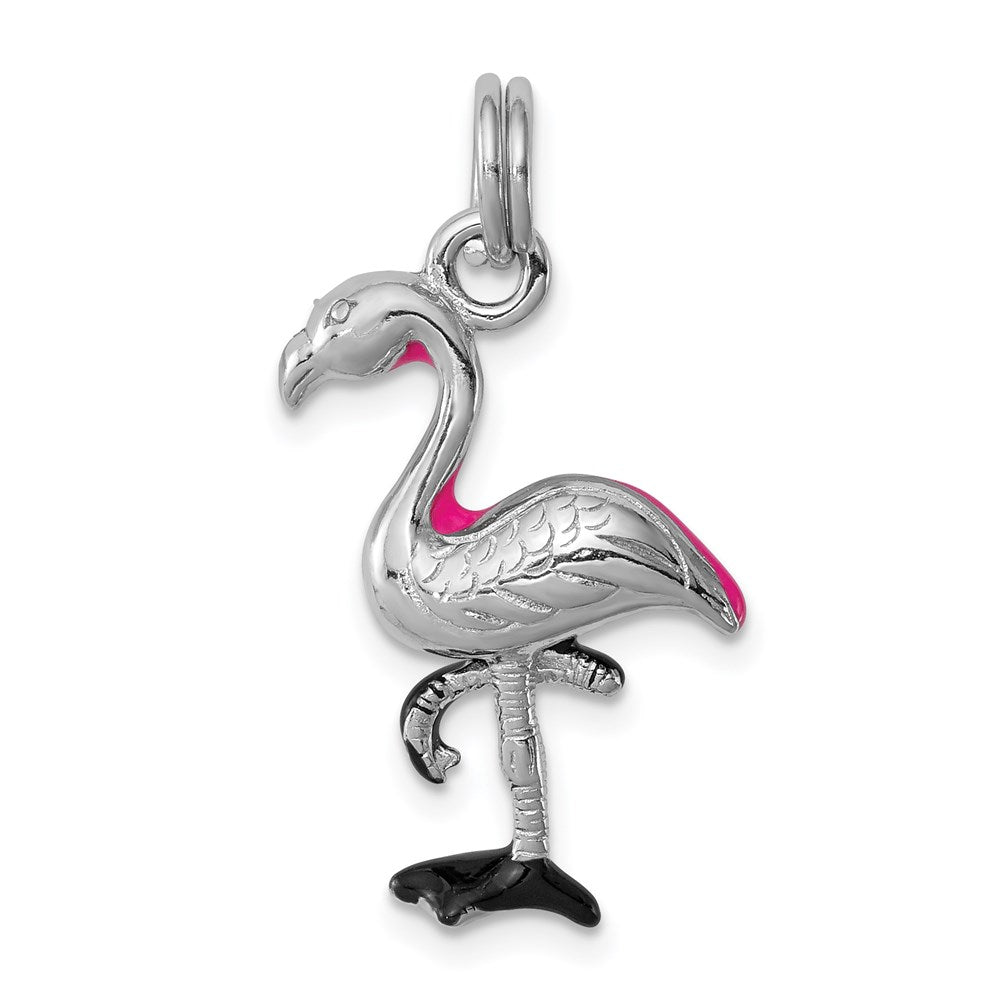 Sterling Silver Rhodium-plated Hot Pink & Black Enameled Flamingo Charm
