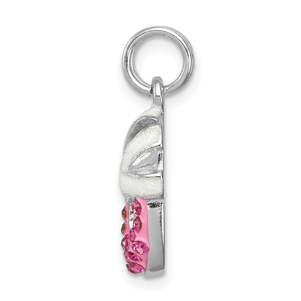 Sterling Silver Rhodium-plated Pink CZ Enamel Ballet Slipper Charm