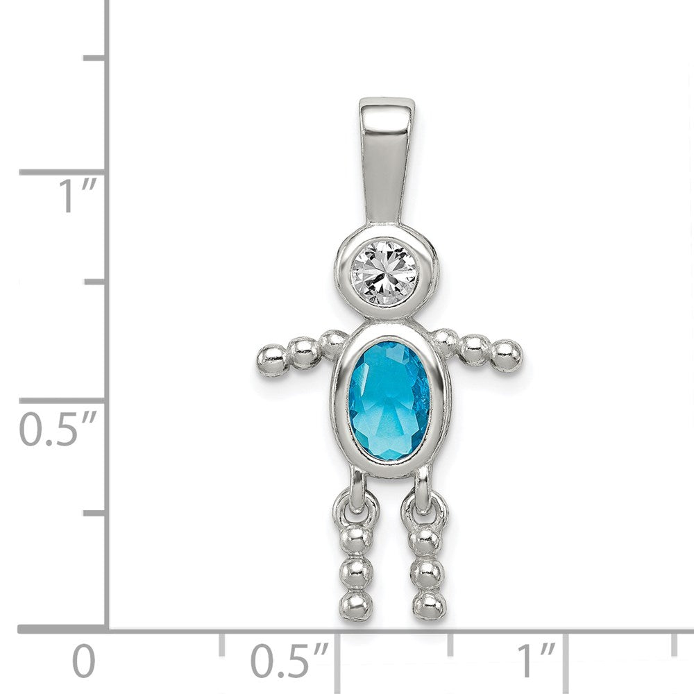 Sterling Silver Rhodium-plated CZ & December Glass Boy Pendant