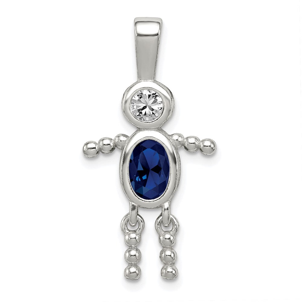 Sterling Silver Rhodium-plated CZ & September Glass Boy Pendant