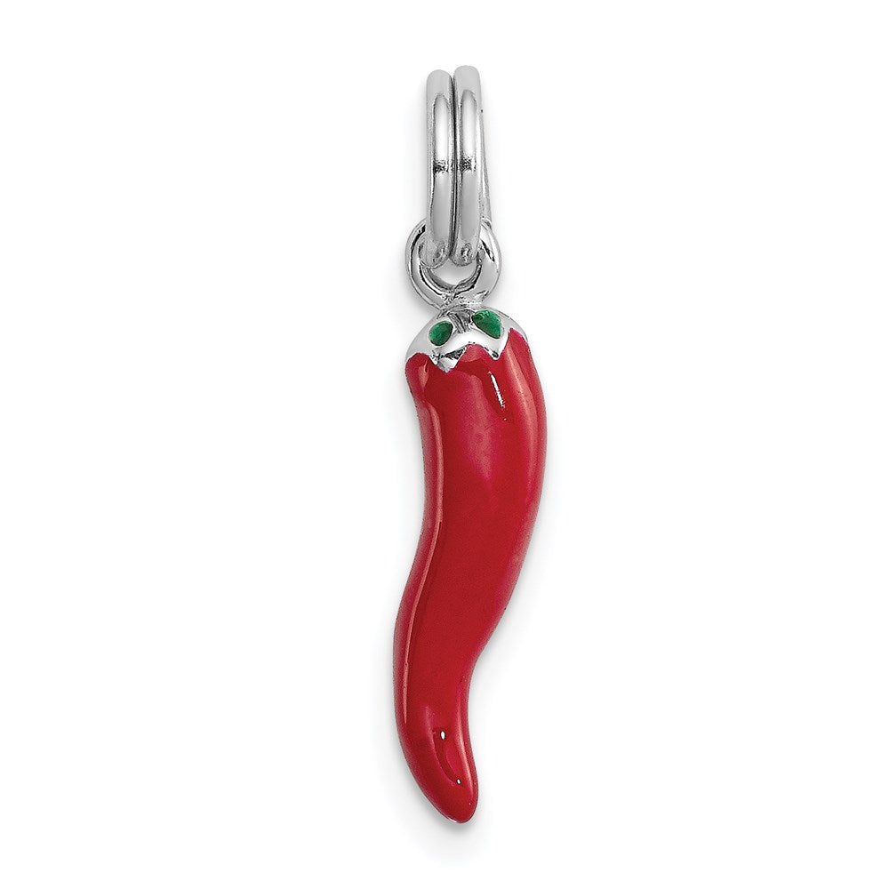 Sterling Silver Rhodium Plated Red Enamel with Green Enamel Accent Pepper Charm