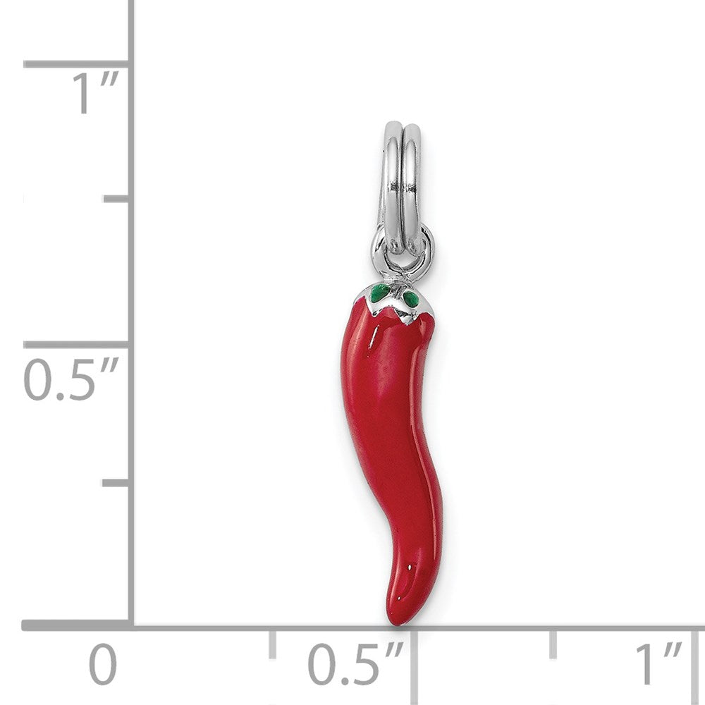 Sterling Silver Rhodium Plated Red Enamel with Green Enamel Accent Pepper Charm