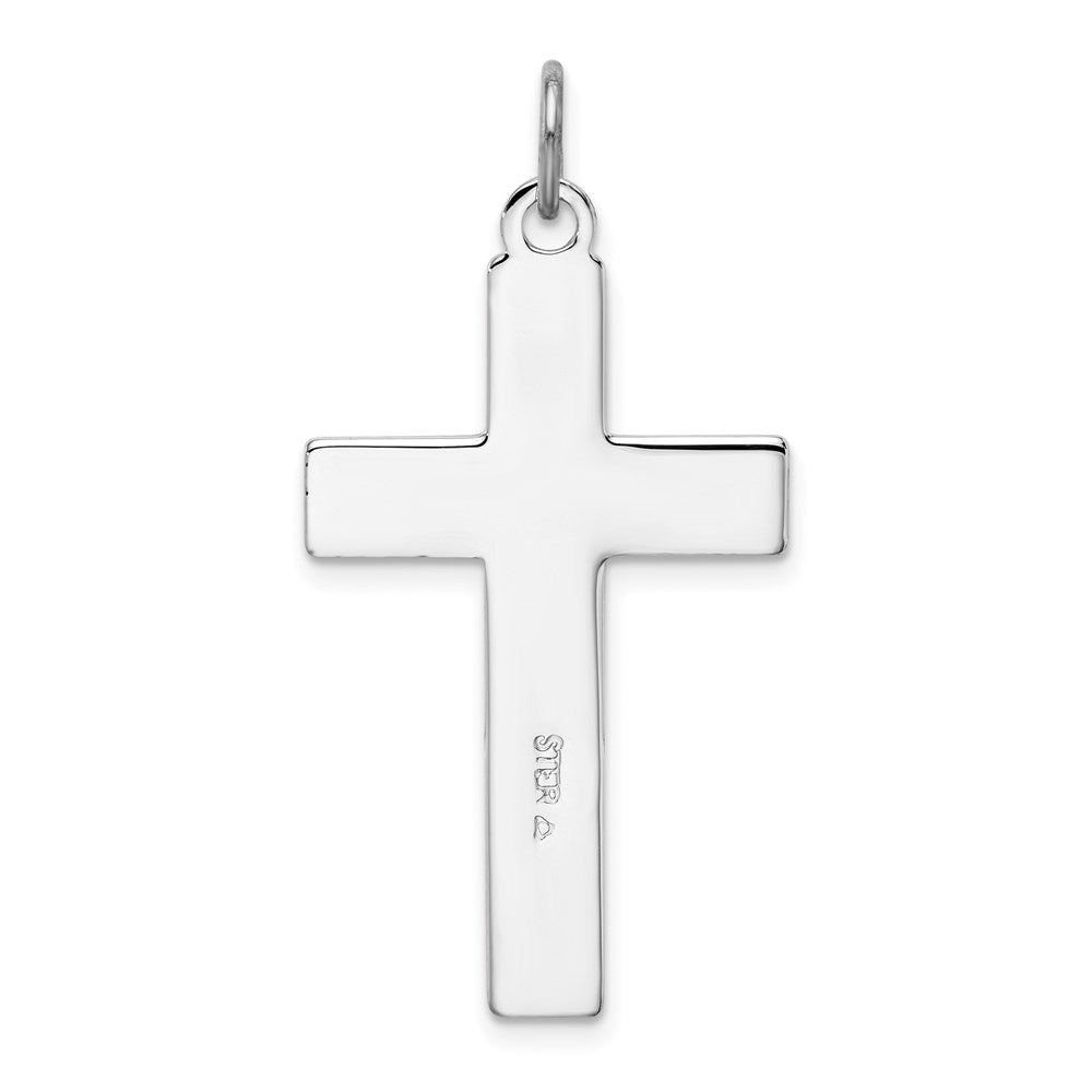 Sterling Silver Rhodium-plated Brshed & Polished Enml Black Cross Pendant