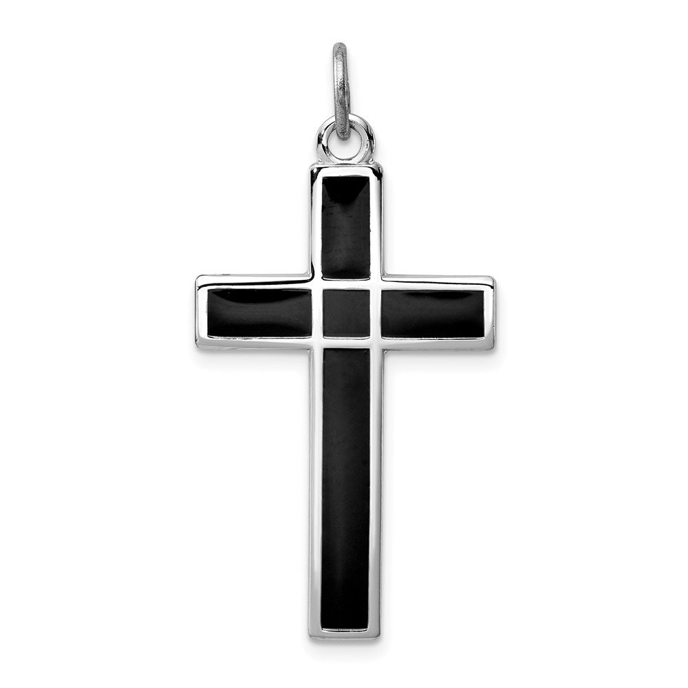 Sterling Silver Rhodium-plated Brshed & Polished Enml Black Cross Pendant