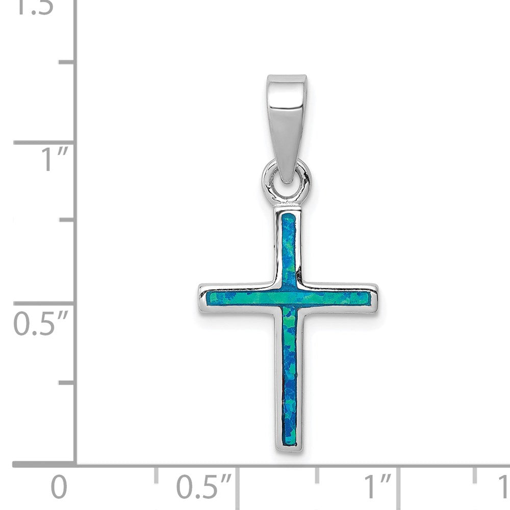 Sterling Silver Rhod-plated Blue Inlay Created Opal Thin Cross Pendant