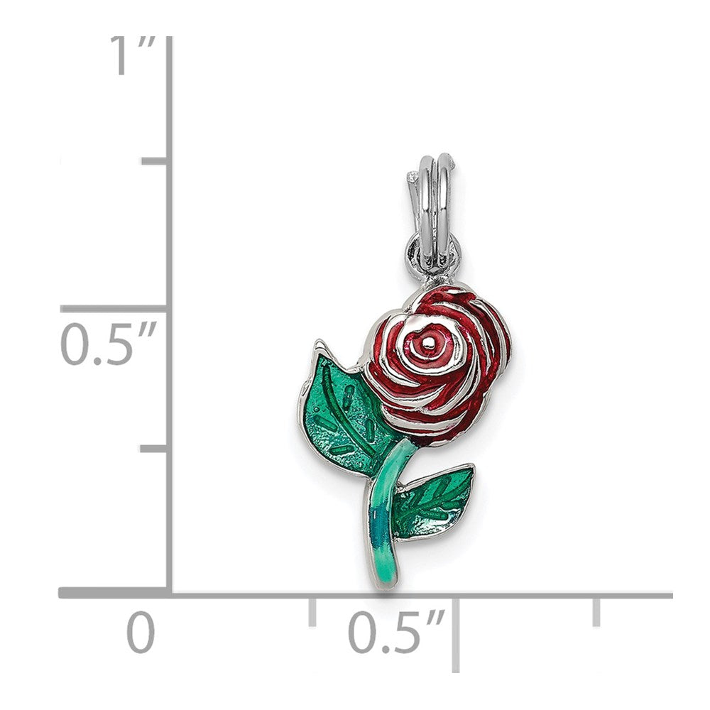 Sterling Silver Rhodium-plated Green and Red Enamel Rose Charm