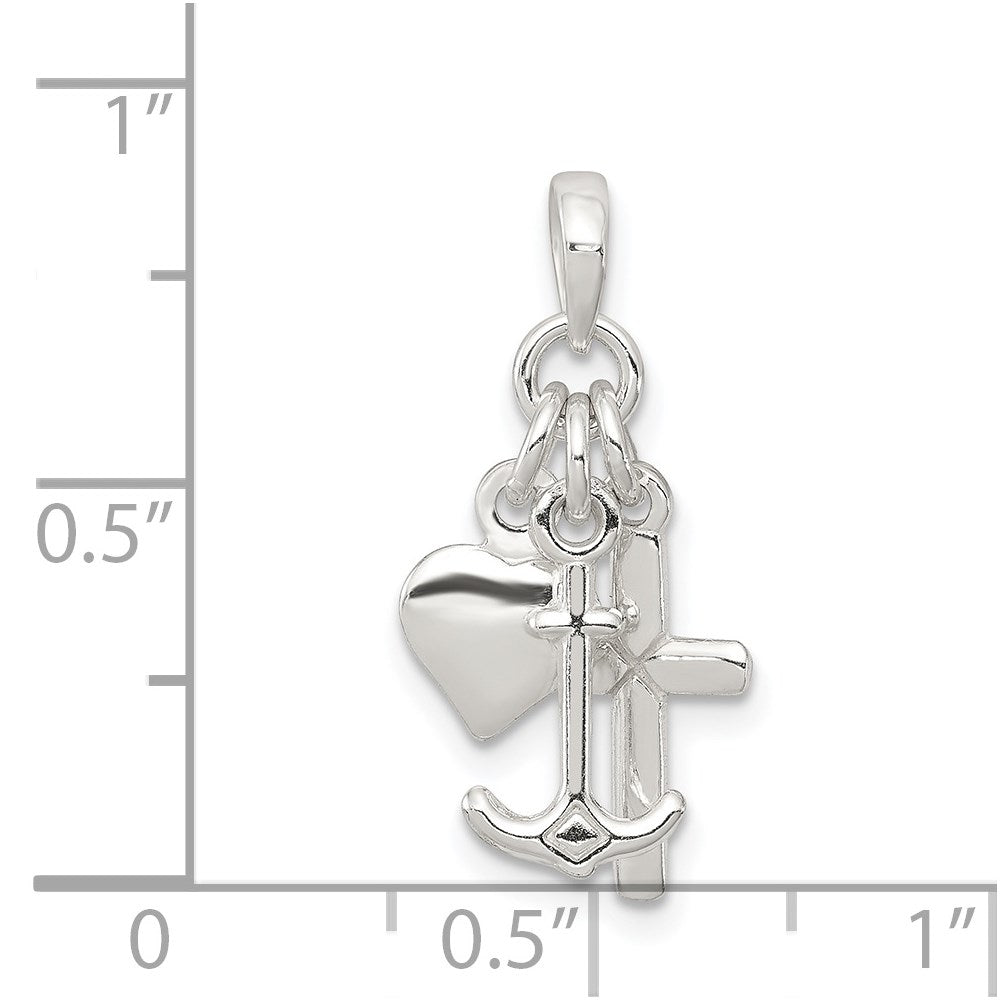Sterling Silver Polished Anchor Heart and Cross Pendant