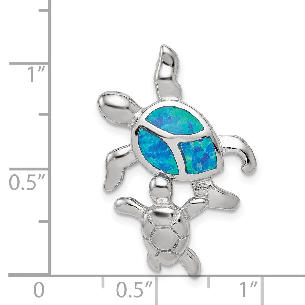 Sterling Silver Rhodium-plated Polished Blue Inlay Created Opal Turtle Slide