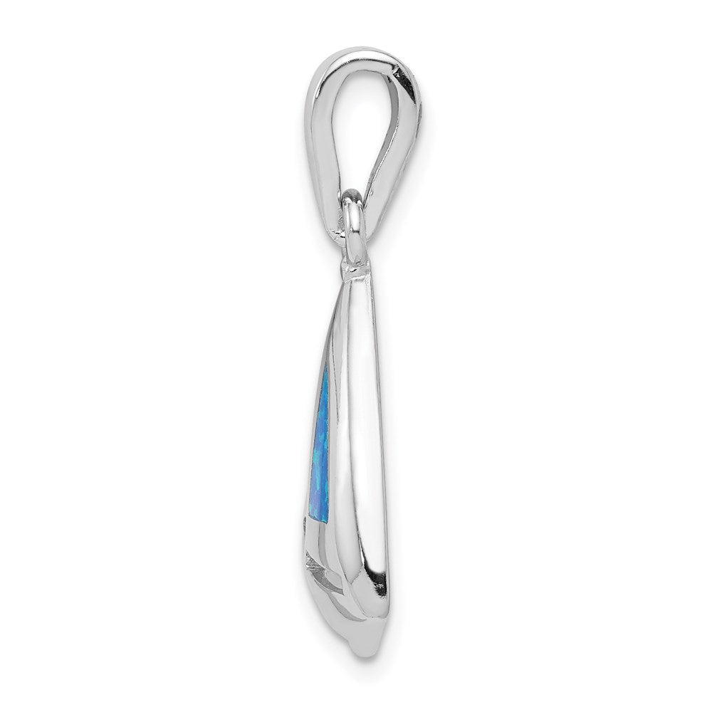 Sterling Silver Rhodium-plated Blue Inlay Created Opal Sailboat Pendant
