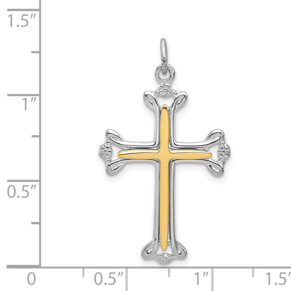 Sterling Silver Rhodium-plated Polished Vermeil Budded Cross Pendant