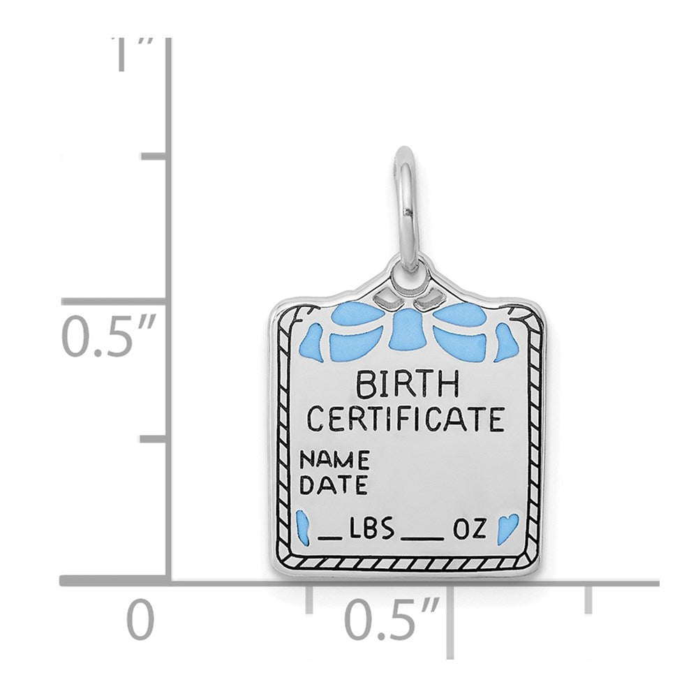 Sterling Silver Rhodium-plated Blue Birth Certificate Polished Charm