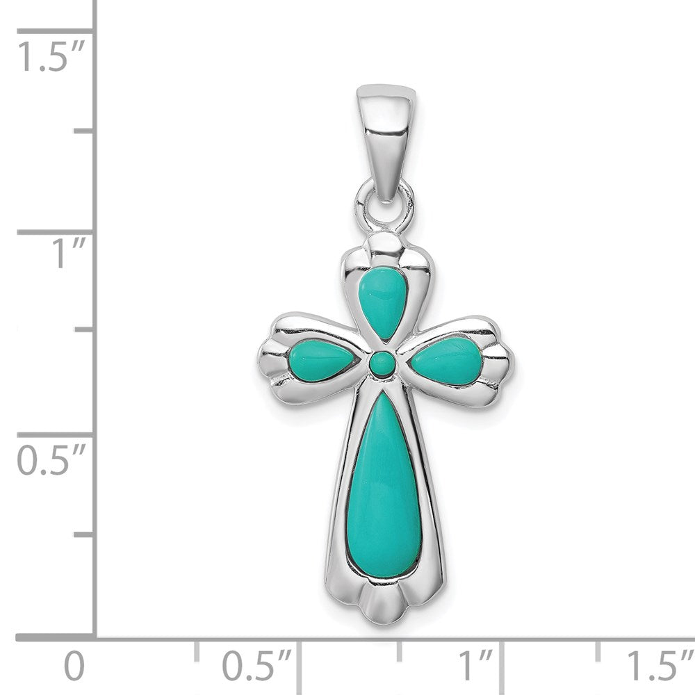 Sterling Silver Rhodium-plated Polished Imitation Turquoise Cross Pendant