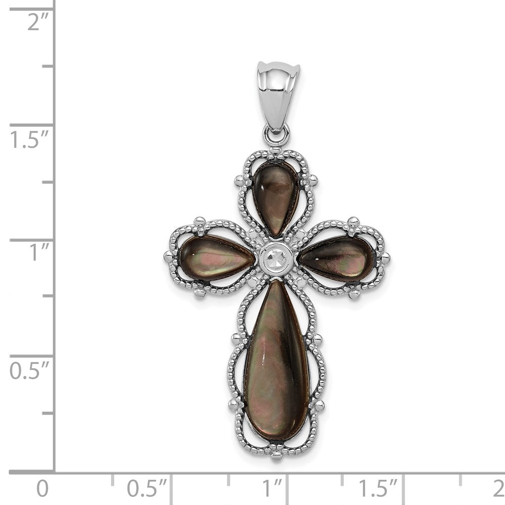 Sterling Silver Rhodium-plated Black Mother of Pearl Cross Pendant