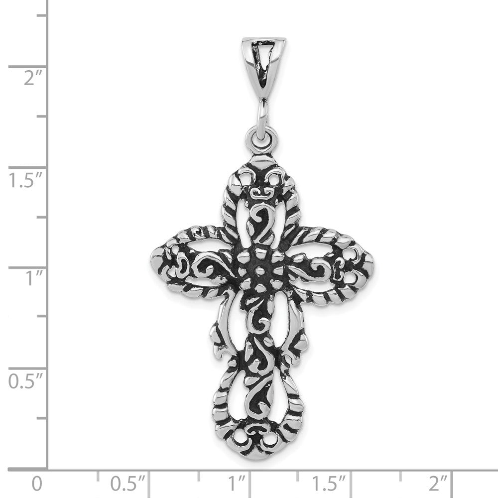 Sterling Silver Polished & Antiqued Floral Cut-out Cross Pendant