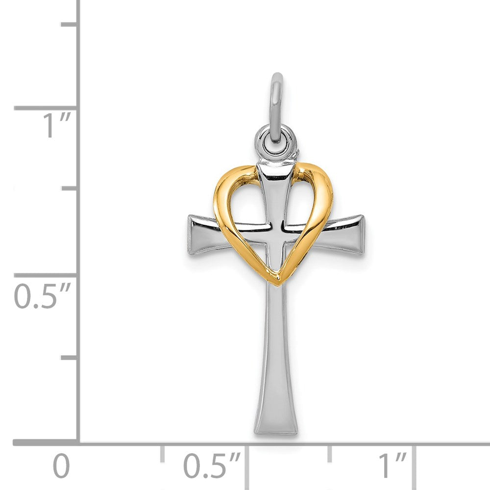Sterling Silver Rhodium-plated & Gold-tone Polished Cross w/Heart Pendant