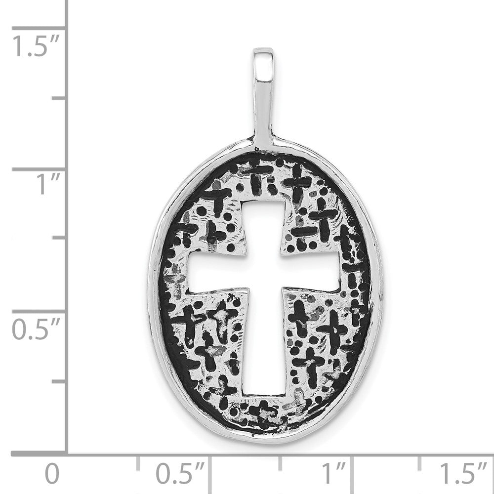 Sterling Silver Polished & Antiqued Oval Cut-out Cross Pendant