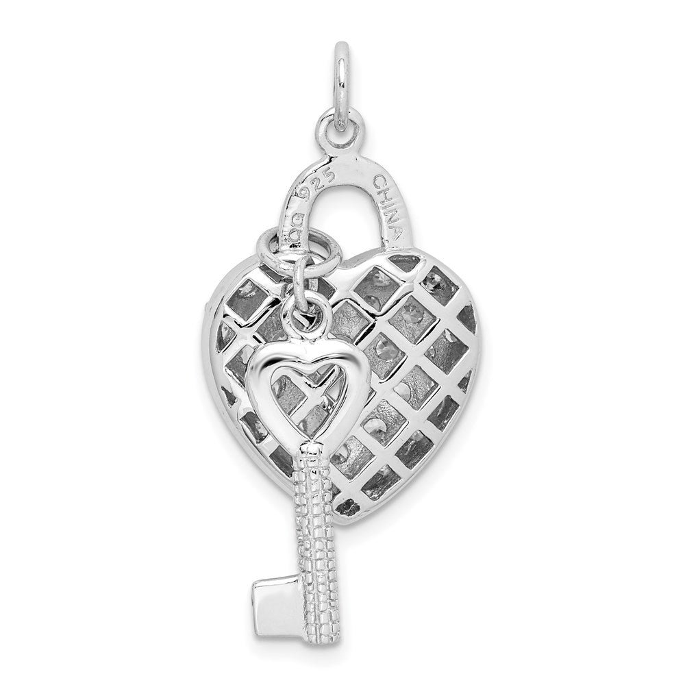 Sterling Silver Rhodium-plated CZ Heart Lock & Key Pendant