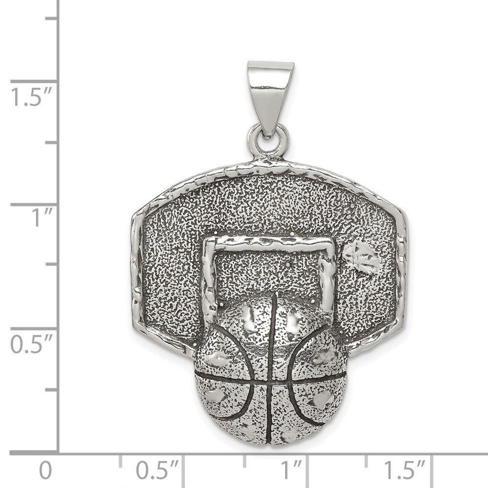 Sterling Silver Antiqued & Textured Basketball with Backboard Pendant