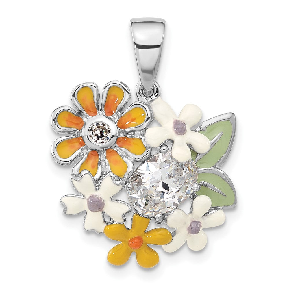 Sterling Silver Polished CZ & Enameled Floral Pendant