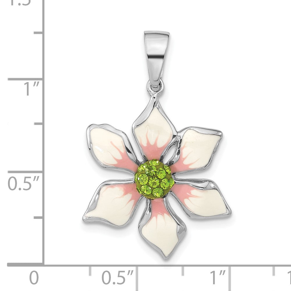 Sterling Silver Polished Green Preciosa Crystal & Enameled Flower Pendant