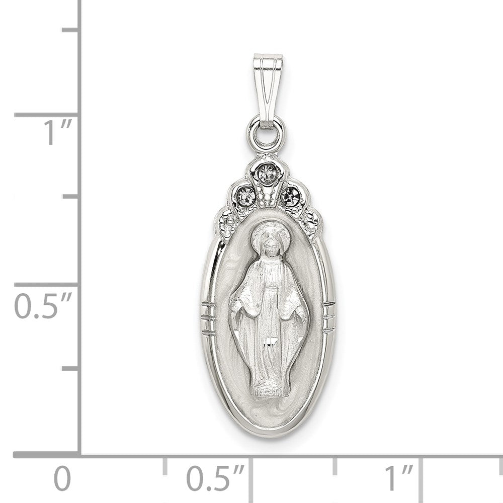Sterling Silver White Epoxy & Crystal Miraculous Medal Pendant