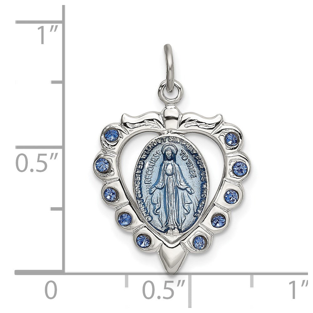 Sterling Silver Epoxy & Crystal Miraculous Medal Heart Pendant