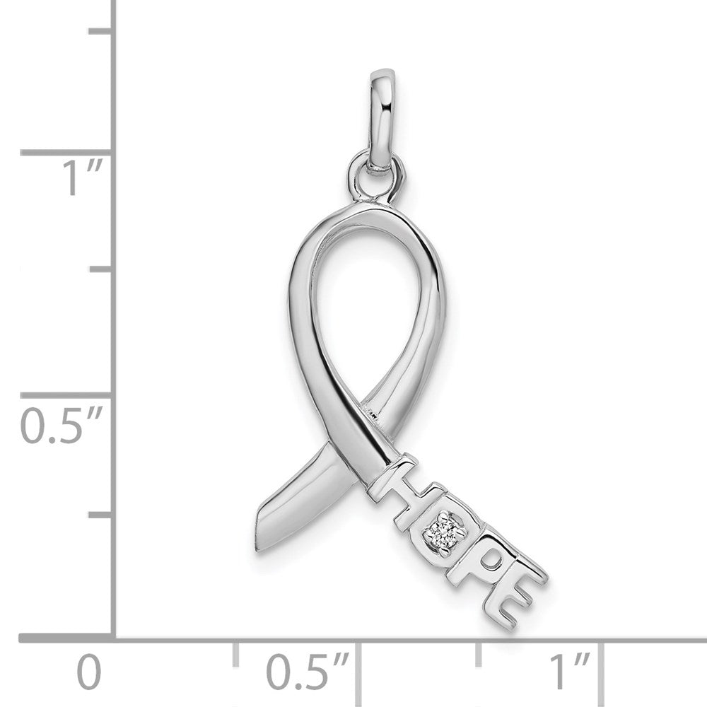 Sterling Silver Rhodium-plated Pink CZ Hope Awareness Ribbon Pendant
