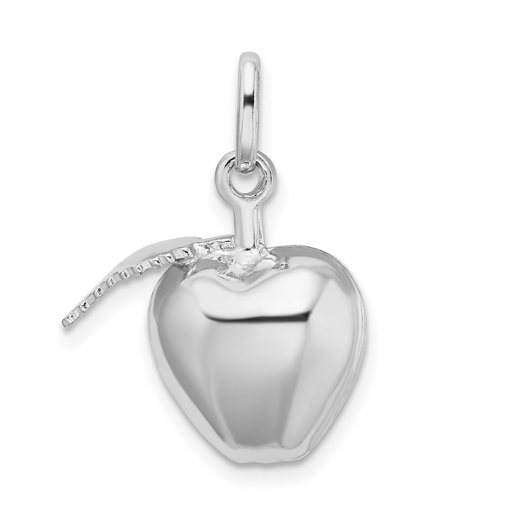 Sterling Silver Rhodium Plated Polished Puffed Apple w/ Leaf Charm