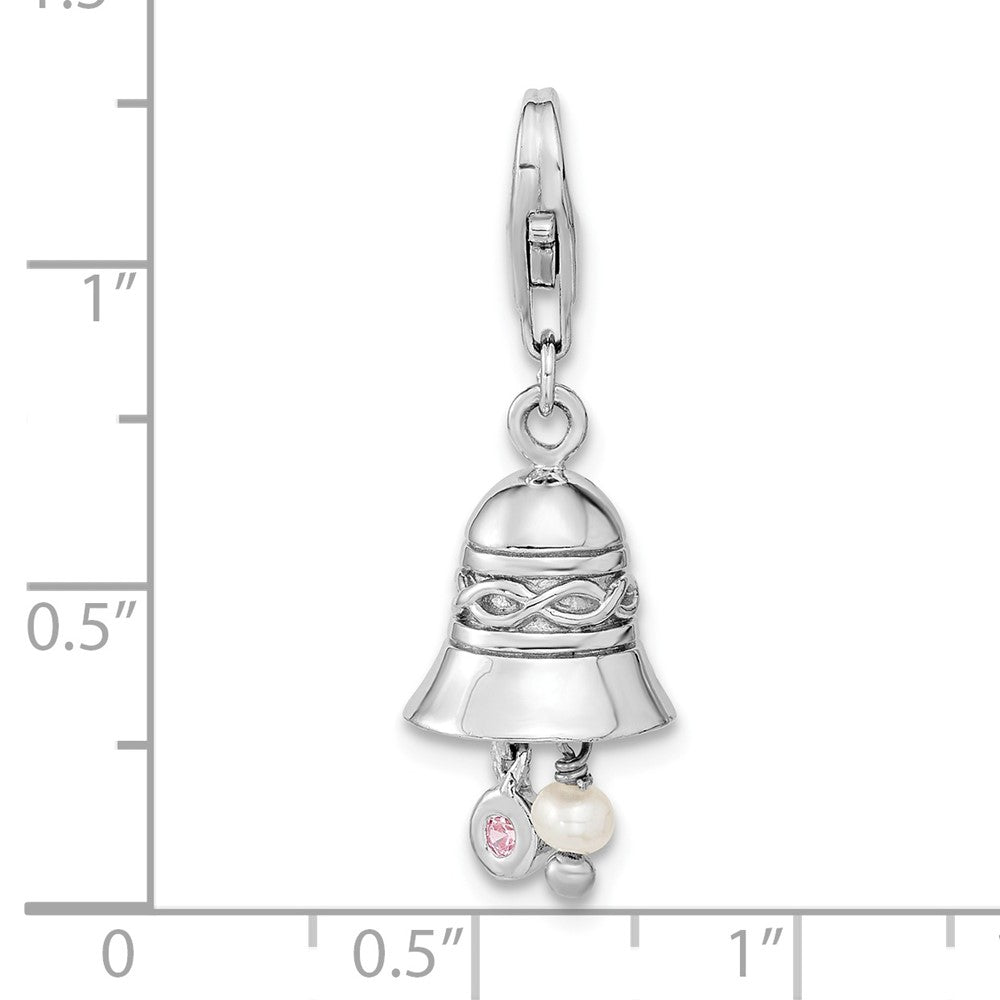 Amore La Vita Sterling Silver Rhodium-plated Polished 3-D CZ and Freshwater Cultured Pearl Wedding Bell Charm with Fancy L...