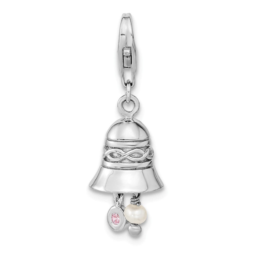 Amore La Vita Sterling Silver Rhodium-plated Polished 3-D CZ and Freshwater Cultured Pearl Wedding Bell Charm with Fancy L...