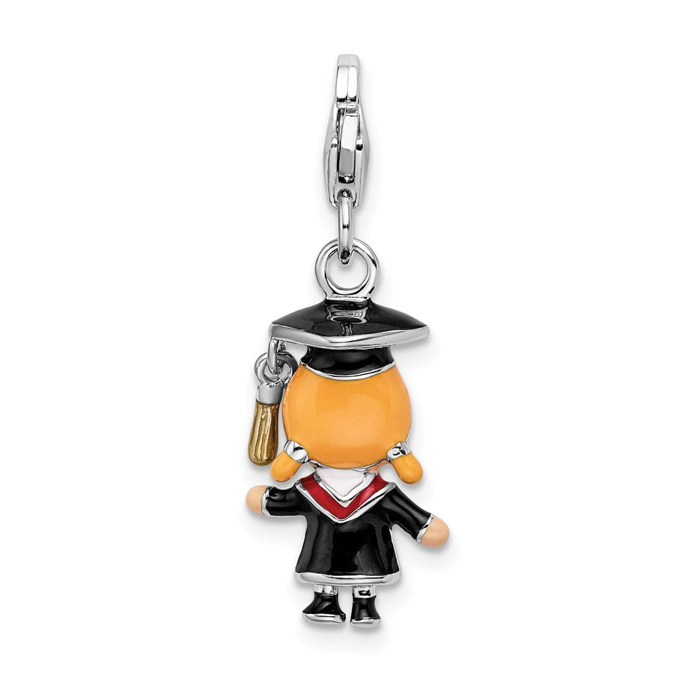 Amore La Vita Sterling Silver Rhodium-plated Polished 3-D Enameled Girl Graduate Charm with Fancy Lobster Clasp