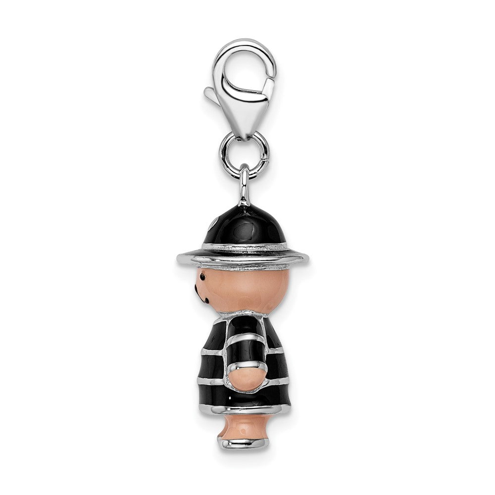 Amore La Vita Sterling Silver Rhodium-plated Polished 3-D Enameled Teddy Bear in Black Hat and Coat Charm with Fancy Lobst...