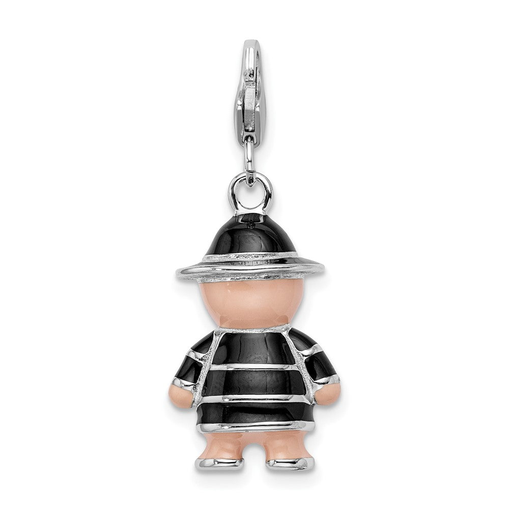 Amore La Vita Sterling Silver Rhodium-plated Polished 3-D Enameled Teddy Bear in Black Hat and Coat Charm with Fancy Lobst...