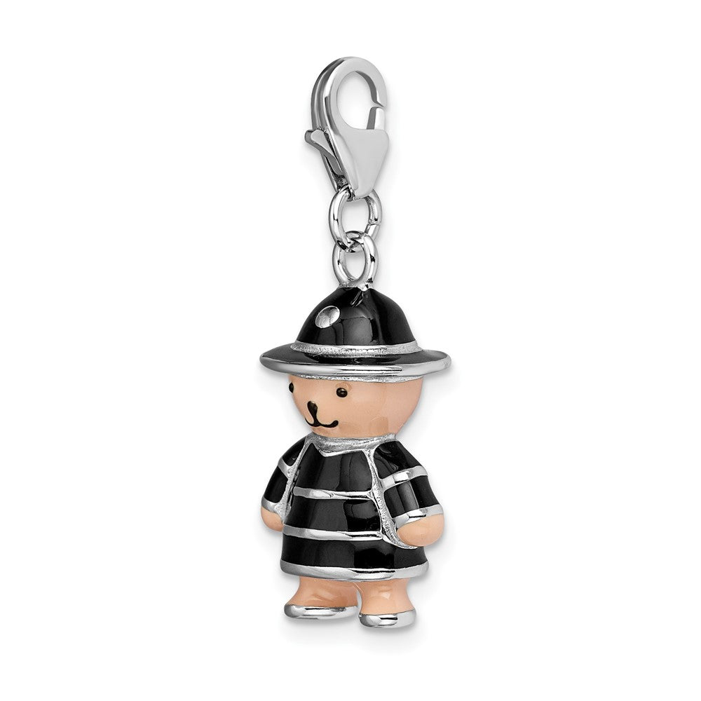 Amore La Vita Sterling Silver Rhodium-plated Polished 3-D Enameled Teddy Bear in Black Hat and Coat Charm with Fancy Lobst...