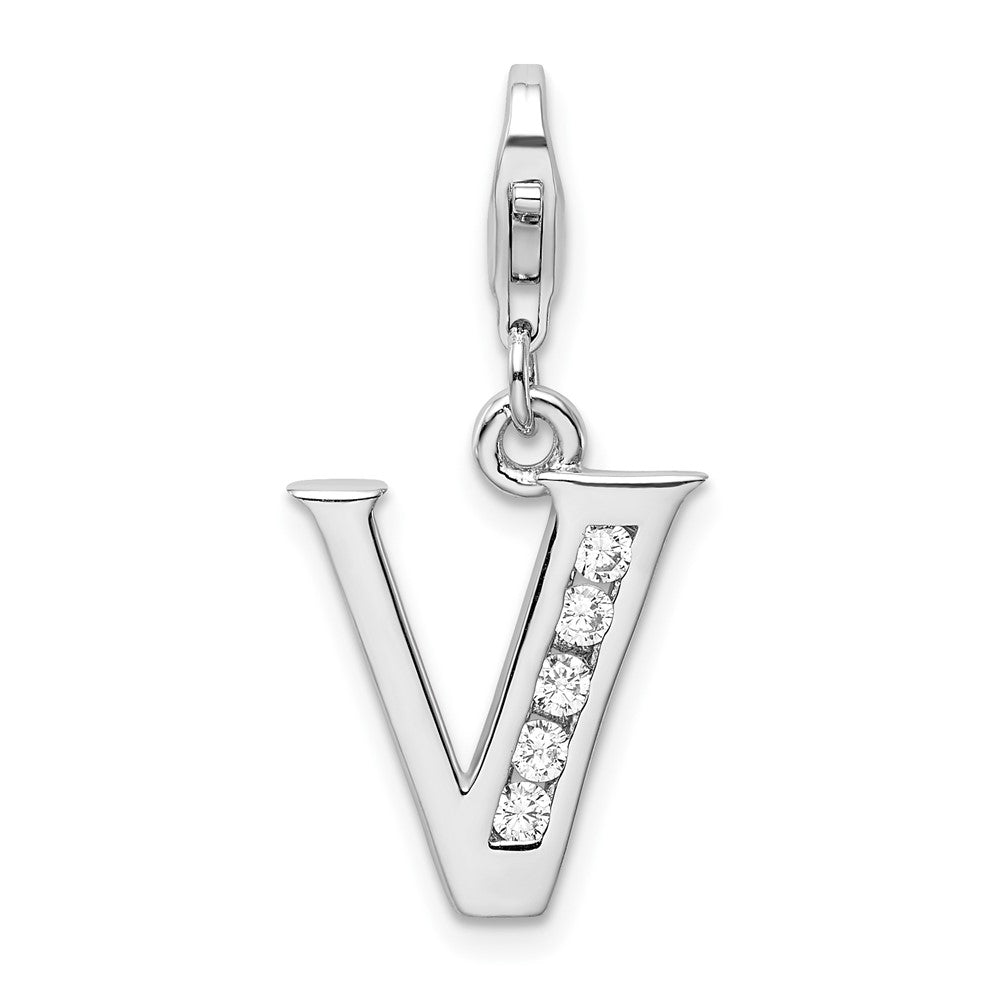 Amore La Vita Sterling Silver Rhodium-plated Polished CZ Letter V Initial Charm with Fancy Lobster Clasp