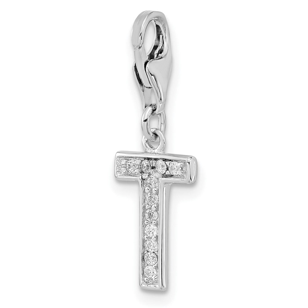 Amore La Vita Sterling Silver Rhodium-plated Polished CZ Letter T Initial Charm with Fancy Lobster Clasp