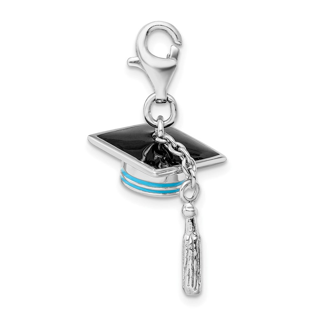 Amore La Vita Sterling Silver Rhodium-plated Polished 3-D Moveable Blue Enameled Graduation Cap Charm with Fancy Lobster C...