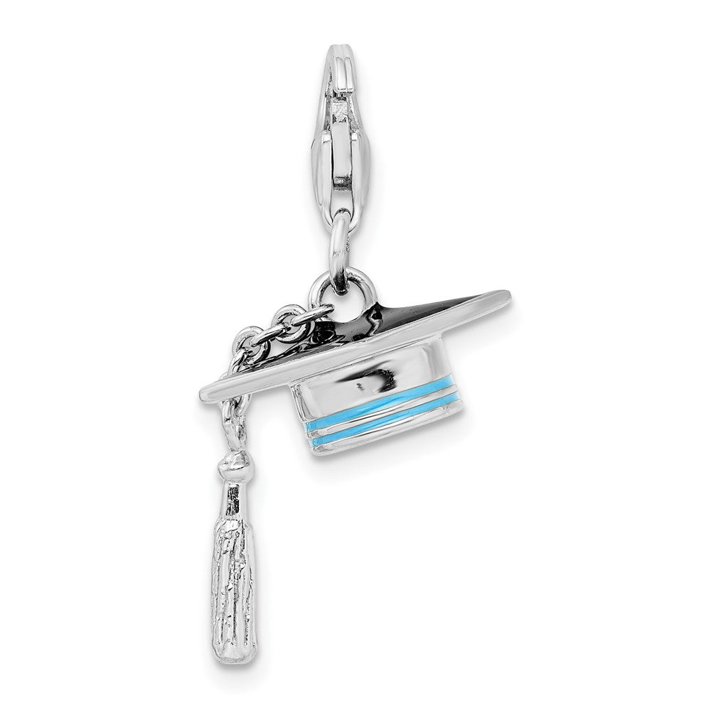 Amore La Vita Sterling Silver Rhodium-plated Polished 3-D Moveable Blue Enameled Graduation Cap Charm with Fancy Lobster C...