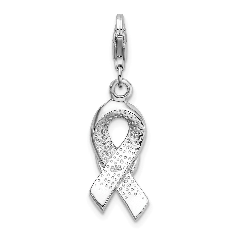 Amore La Vita Sterling Silver Rhodium-plated Polished 3-D Enameled With CZ Pink Awareness Ribbon and Heart Charm with Fanc...