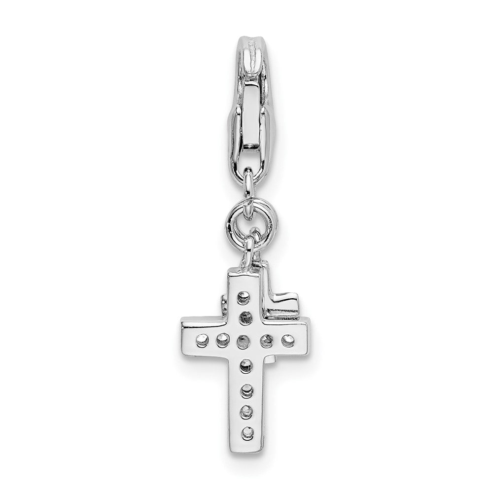 Amore La Vita Sterling Silver Rhodium-plated Polished CZ Two Cross Charm with Fancy Lobster Clasp