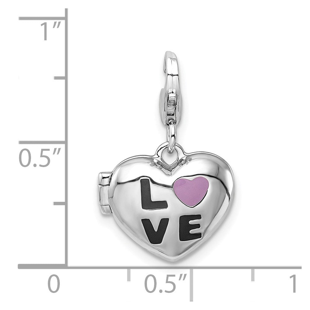 Amore La Vita Sterling Silver Rhodium-plated Polished 3-D Enameled CZ LOVE Heart Locket Charm with Fancy Lobster Clasp