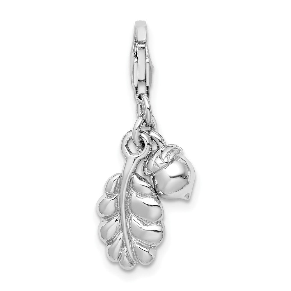 Amore La Vita Sterling Silver Rhodium-plated Polished 3-D Acorn and Leaf Charm with Fancy Lobster Clasp