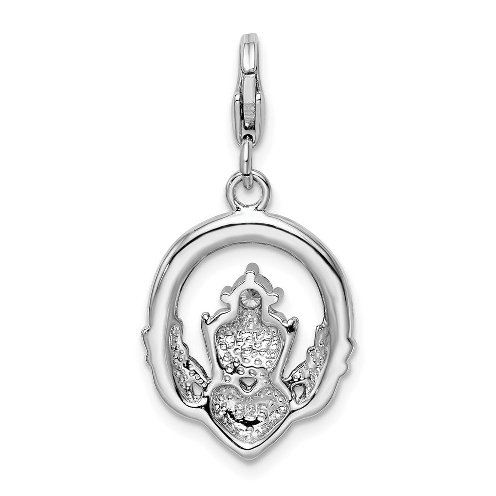 Amore La Vita Sterling Silver Rhodium-plated Polished Clear CZ Claddagh Charm with Fancy Lobster Clasp