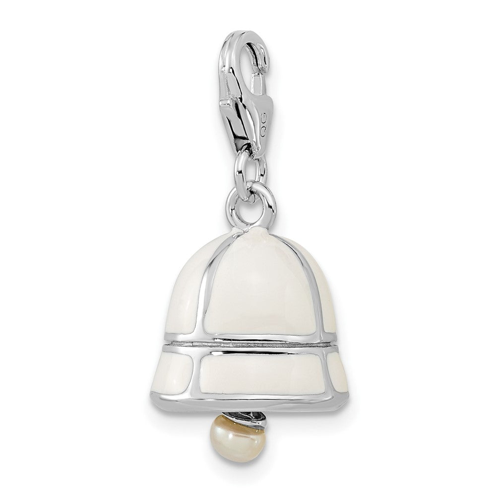 Amore La Vita Sterling Silver Rhodium-plated Polished 3-D Moveable Freshwater Cultured Pearl White Enameled Bell Charm wit...